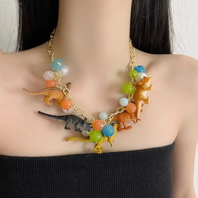 Exaggerated Three-Dimensional Color Dinosaur Pendant Necklace for Men Women 2025 New Sweet Cool Fashion Trend Beaded Necklace