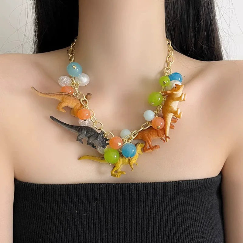 Exaggerated Three-Dimensional Color Dinosaur Pendant Necklace for Men Women 2025 New Sweet Cool Fashion Trend Beaded Necklace