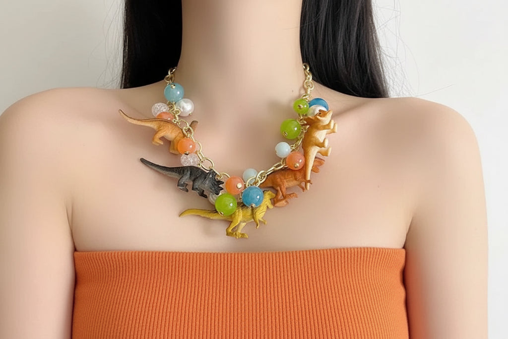 Exaggerated Three-Dimensional Color Dinosaur Pendant Necklace for Men Women 2025 New Sweet Cool Fashion Trend Beaded Necklace
