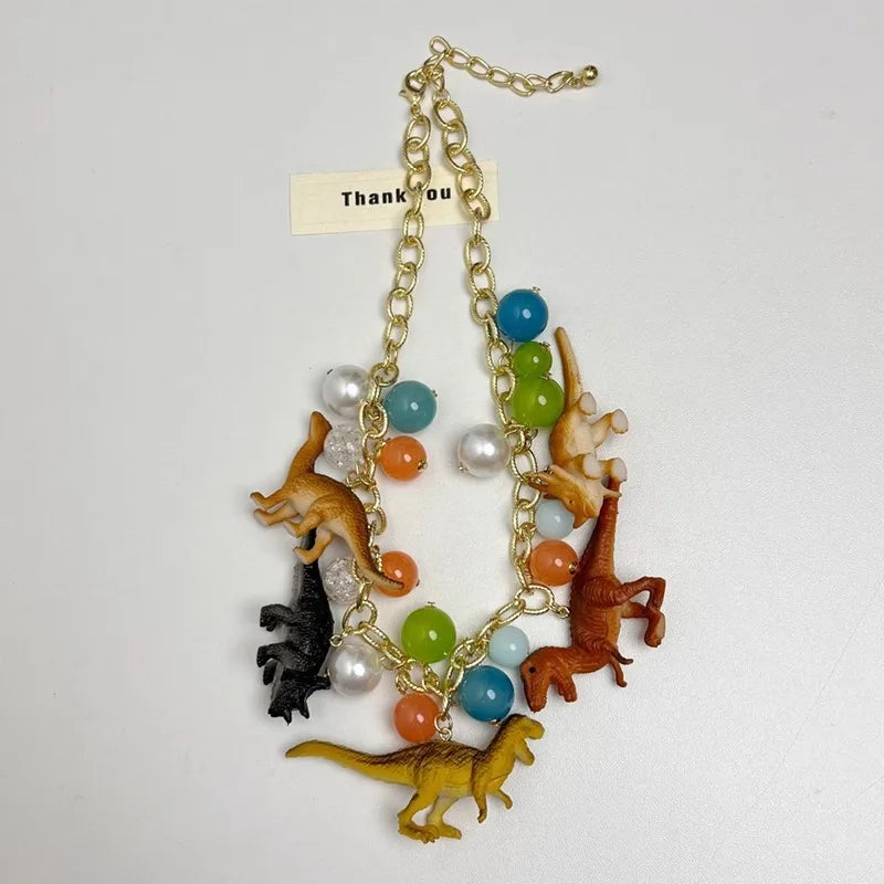 Exaggerated Three-Dimensional Color Dinosaur Pendant Necklace for Men Women 2025 New Sweet Cool Fashion Trend Beaded Necklace