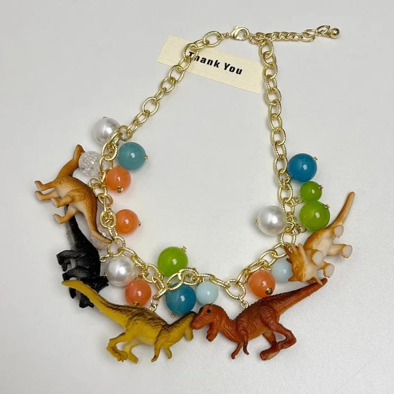 Exaggerated Three-Dimensional Color Dinosaur Pendant Necklace for Men Women 2025 New Sweet Cool Fashion Trend Beaded Necklace