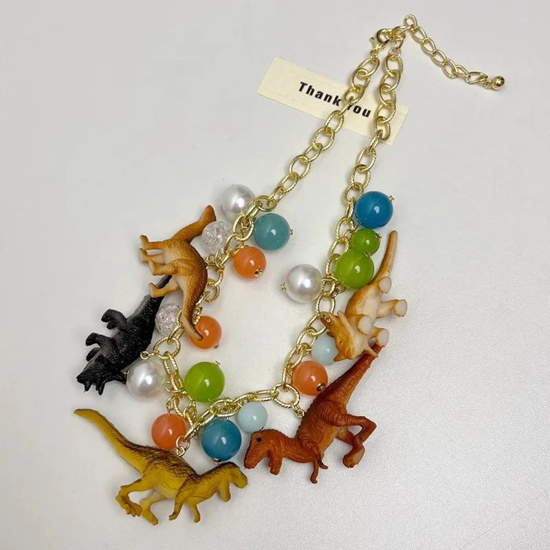 Exaggerated Three-Dimensional Color Dinosaur Pendant Necklace for Men Women 2025 New Sweet Cool Fashion Trend Beaded Necklace